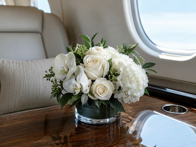 Compact white rose and hydrangea arrangement