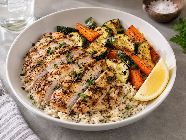 Herb chicken over couscous with roasted vegetables